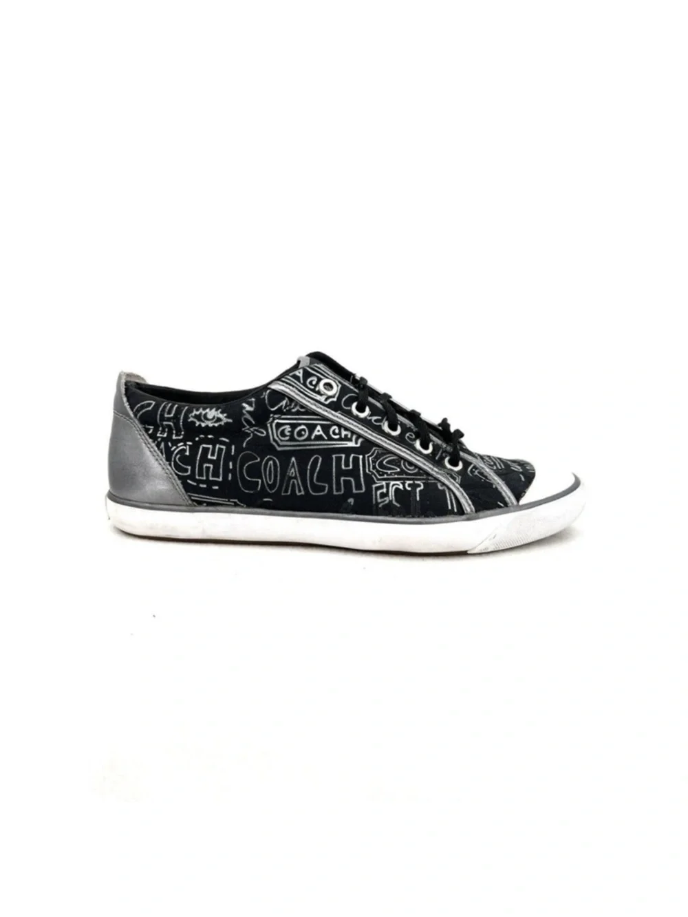 Coach Barrett Black Silver Graffiti sneakers logo low top canvas Sz 9.5